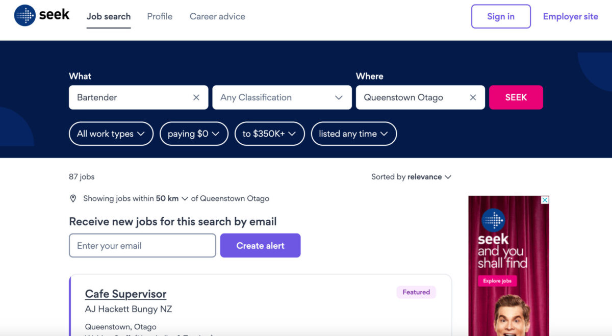 A screenshot of Seek.com's job search page